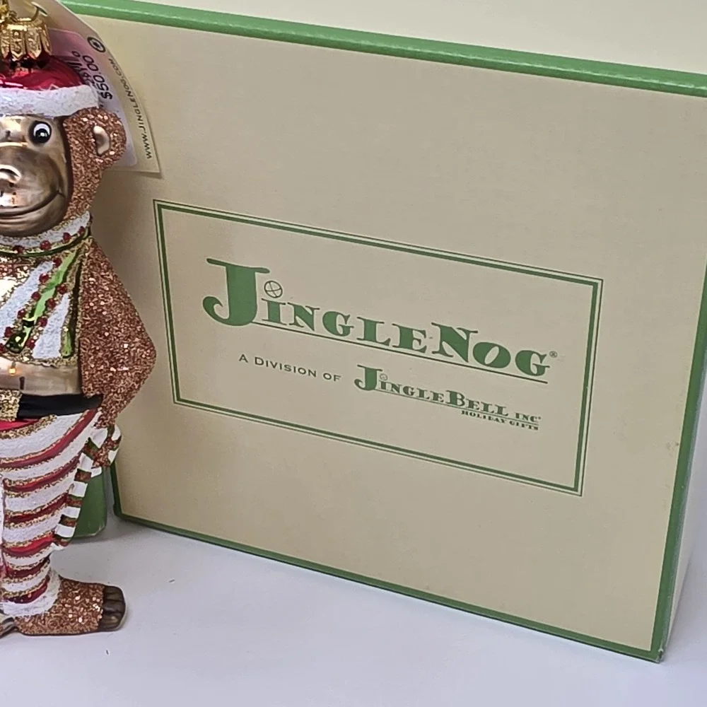 JingleNog Monkeyin Around White Ornament #80076 Hand Blown & Painted in Poland
